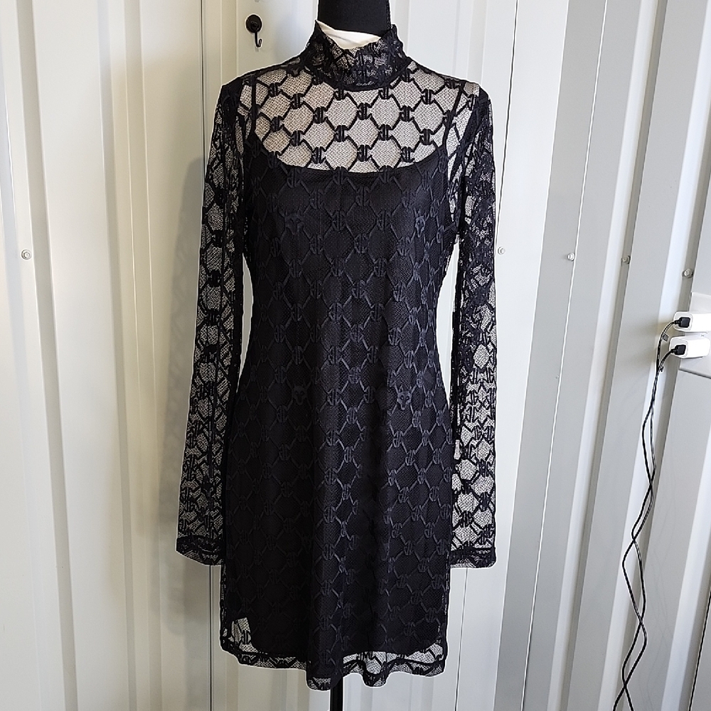Greyson Women's Black Wolf Links Lace Long Sleeve Mini Dress Size Large NWT